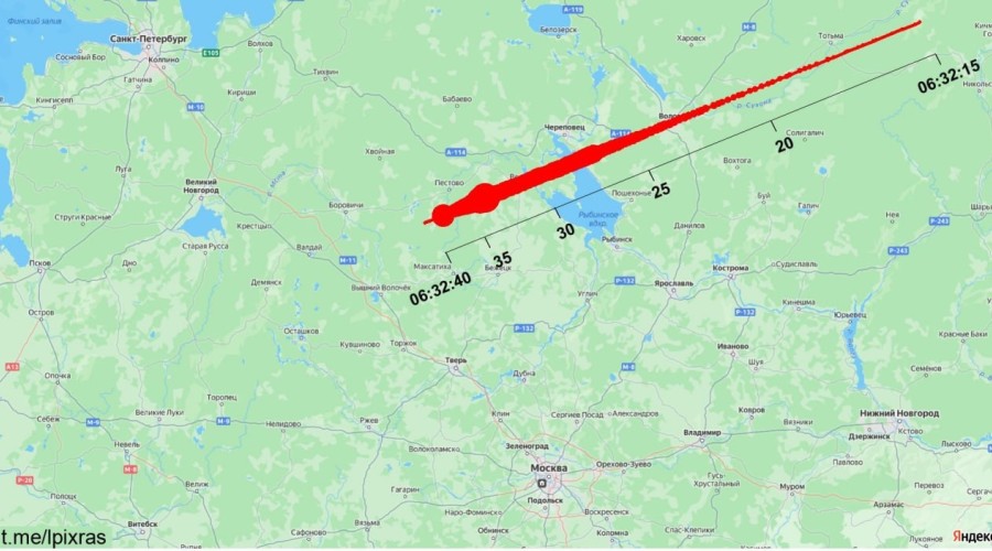 Учёные показали карту падения метеорита, взорвавшегося над Россией
